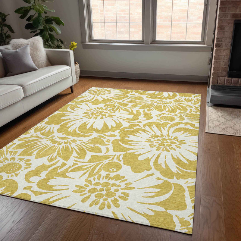 5' X 8' Gold and White Floral Washable Non Skid Indoor Outdoor Area Rug