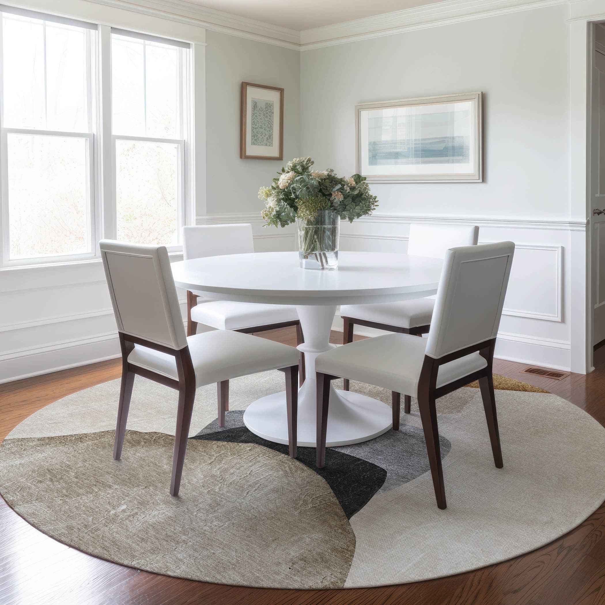 8' Round Tan Brown and Gray Round Abstract Washable Non Skid Indoor Outdoor Area Rug