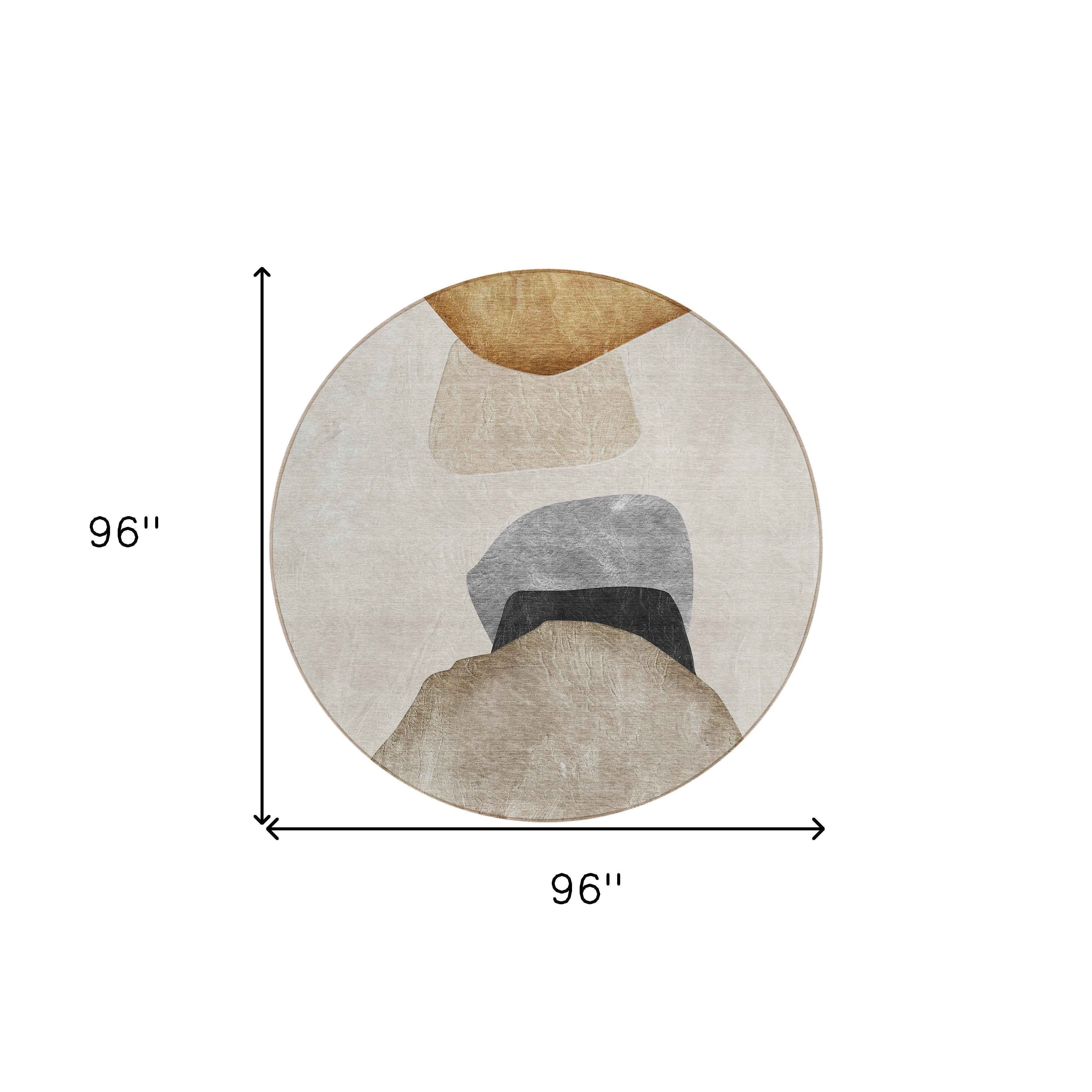 8' Round Tan Brown and Gray Round Abstract Washable Non Skid Indoor Outdoor Area Rug