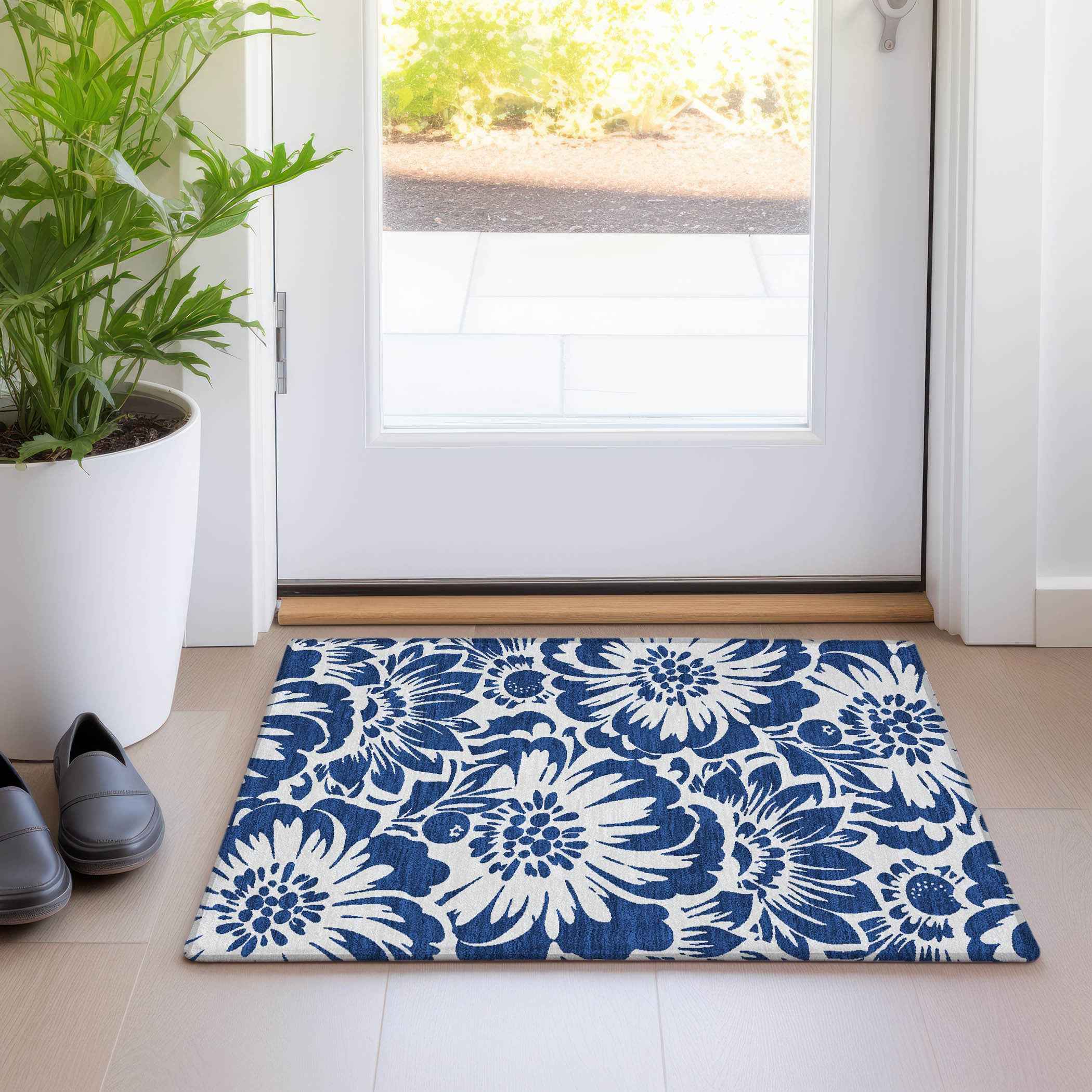 2' X 3' Navy and Ivory Floral Washable Non Skid Indoor Outdoor Area Rug