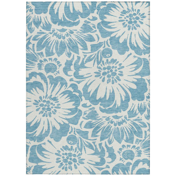 9' X 12' Denim and Ivory Floral Washable Non Skid Indoor Outdoor Area Rug
