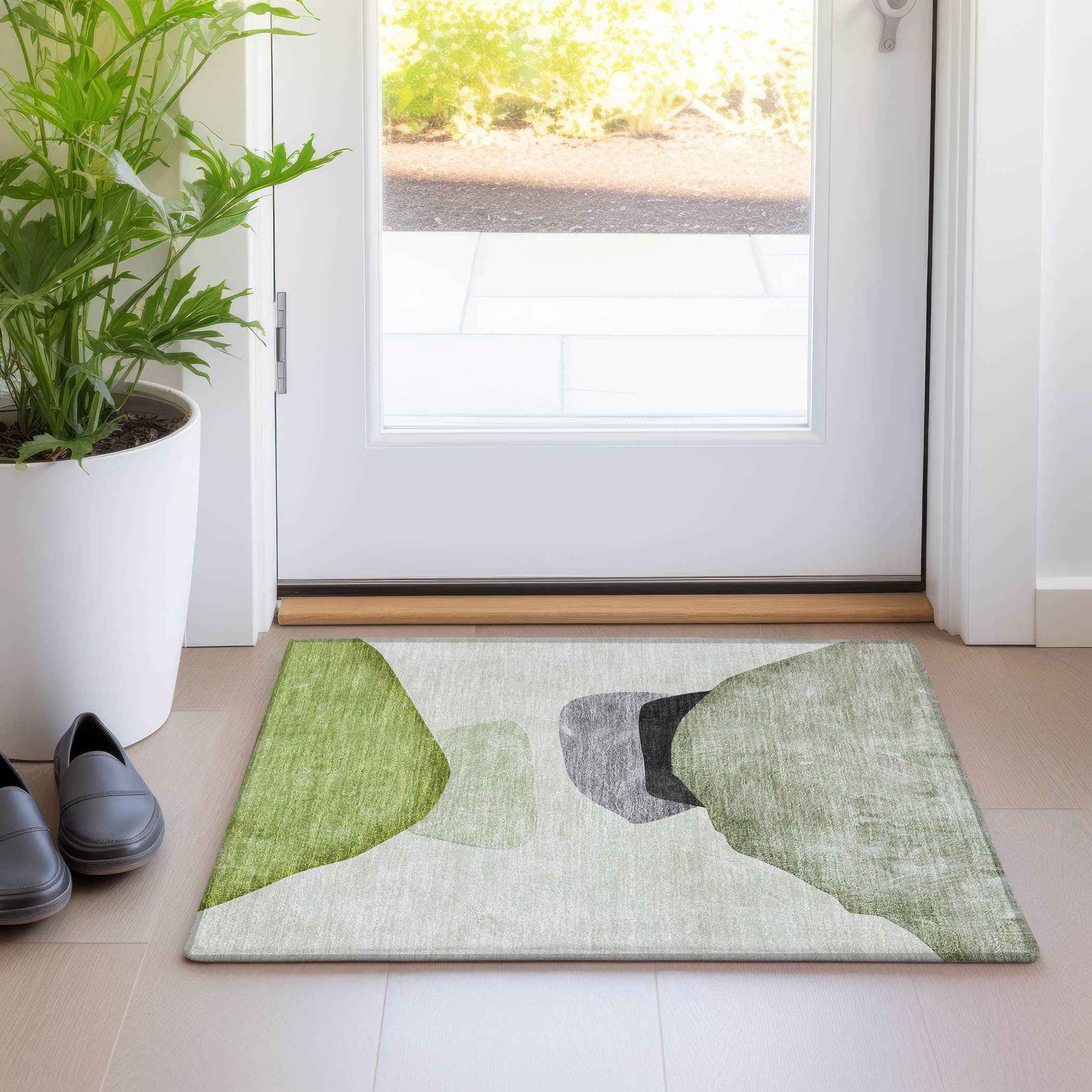 2' X 3' Green Black and Gray Abstract Washable Non Skid Indoor Outdoor Area Rug