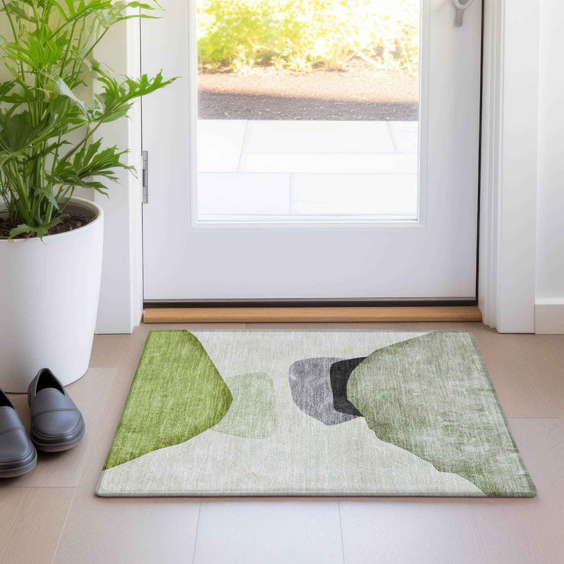 2' X 3' Green Black and Gray Abstract Washable Non Skid Indoor Outdoor Area Rug