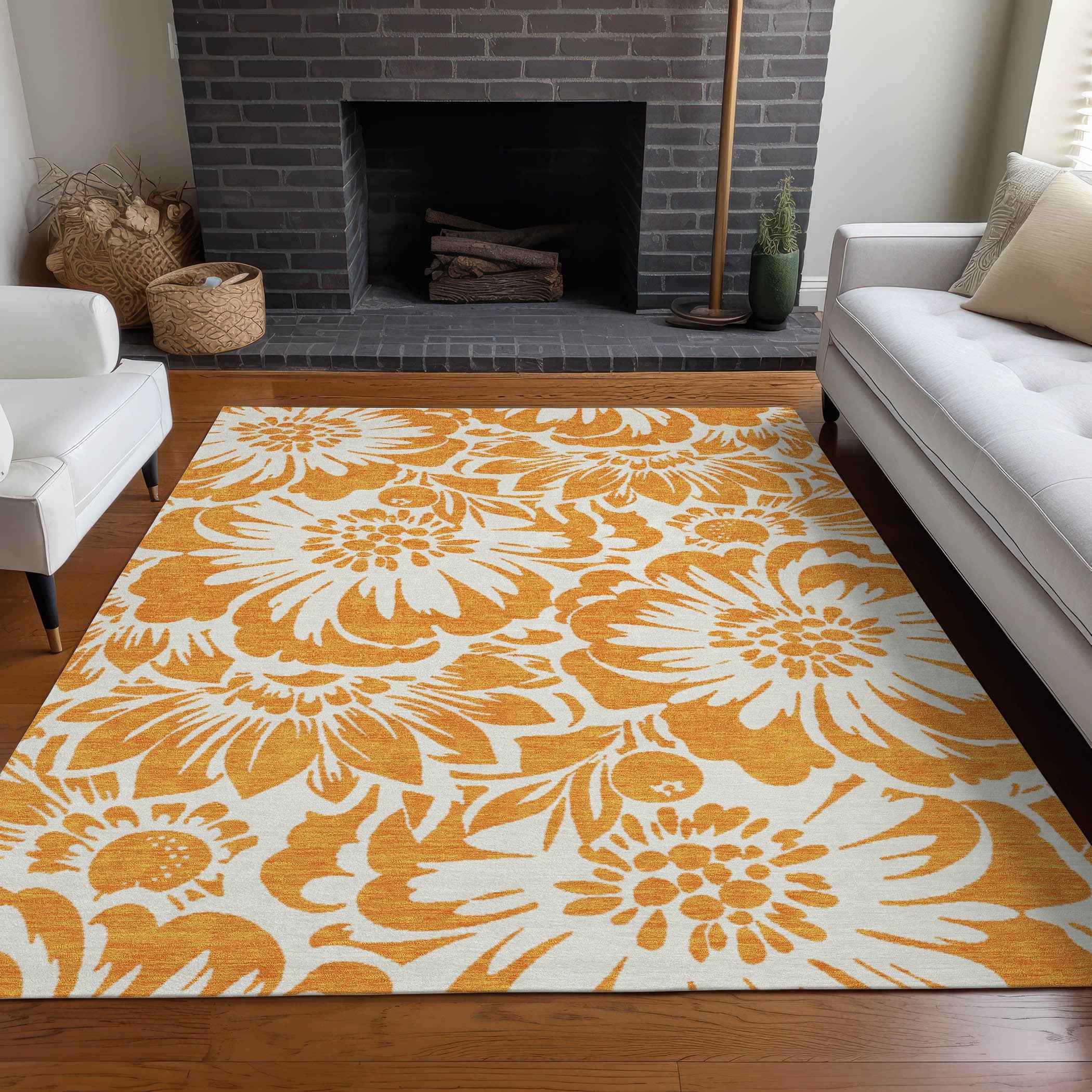 5' X 8' Orange and White Floral Washable Non Skid Indoor Outdoor Area Rug