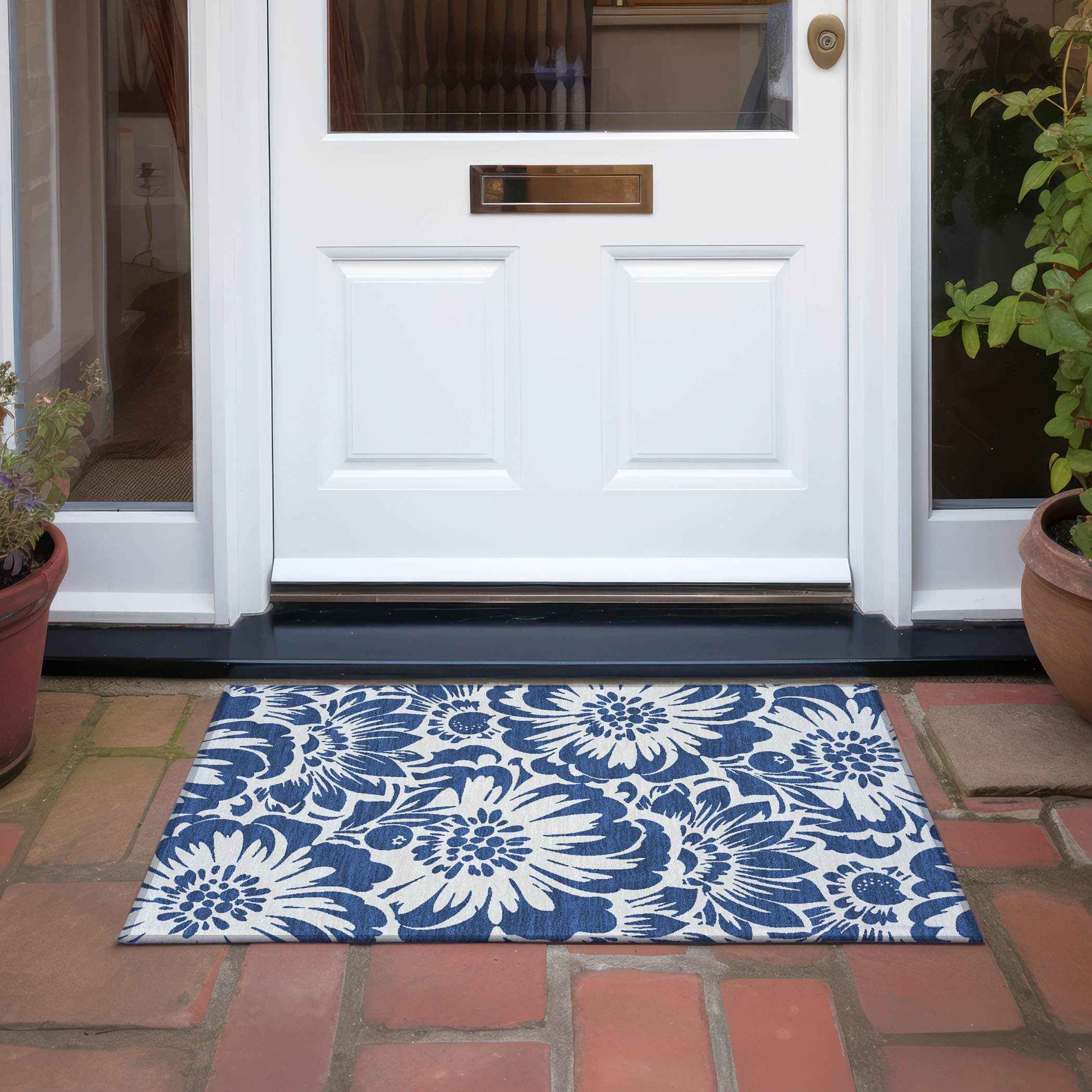 2' X 3' Navy and Ivory Floral Washable Non Skid Indoor Outdoor Area Rug