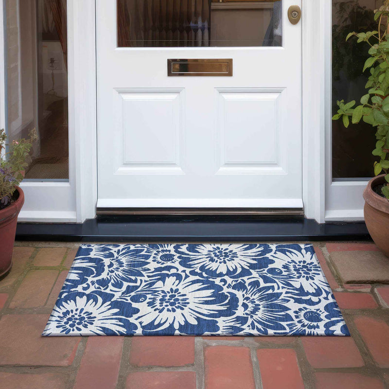 2' X 3' Navy and Ivory Floral Washable Non Skid Indoor Outdoor Area Rug