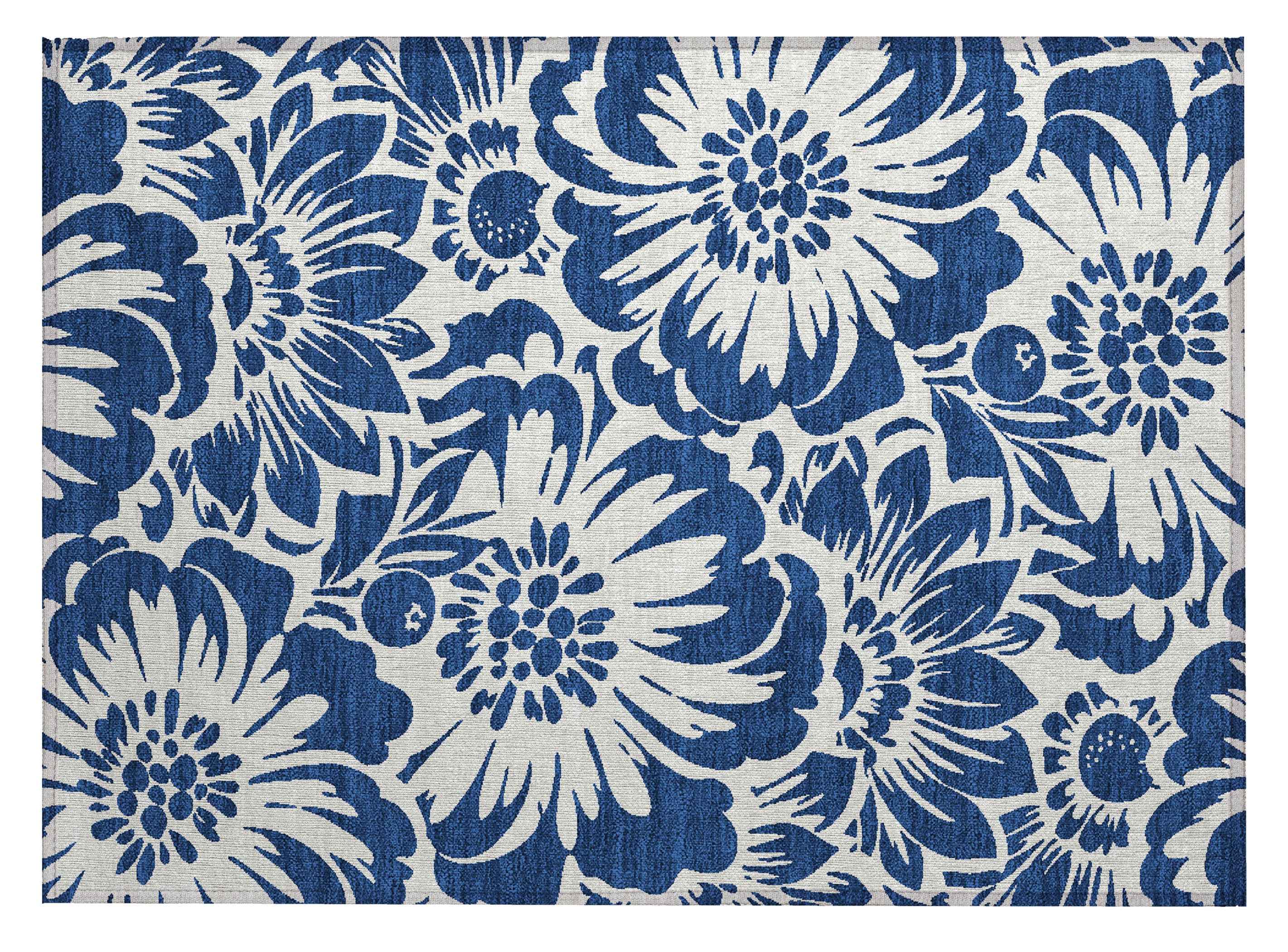2' X 3' Navy and Ivory Floral Washable Non Skid Indoor Outdoor Area Rug
