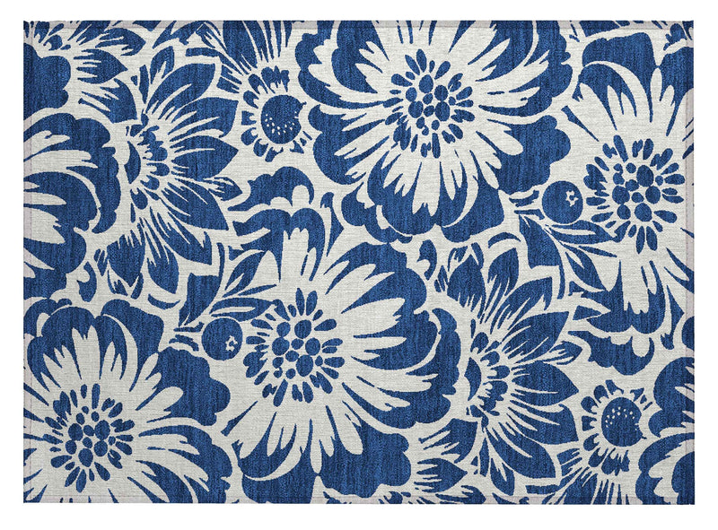 2' X 3' Navy and Ivory Floral Washable Non Skid Indoor Outdoor Area Rug