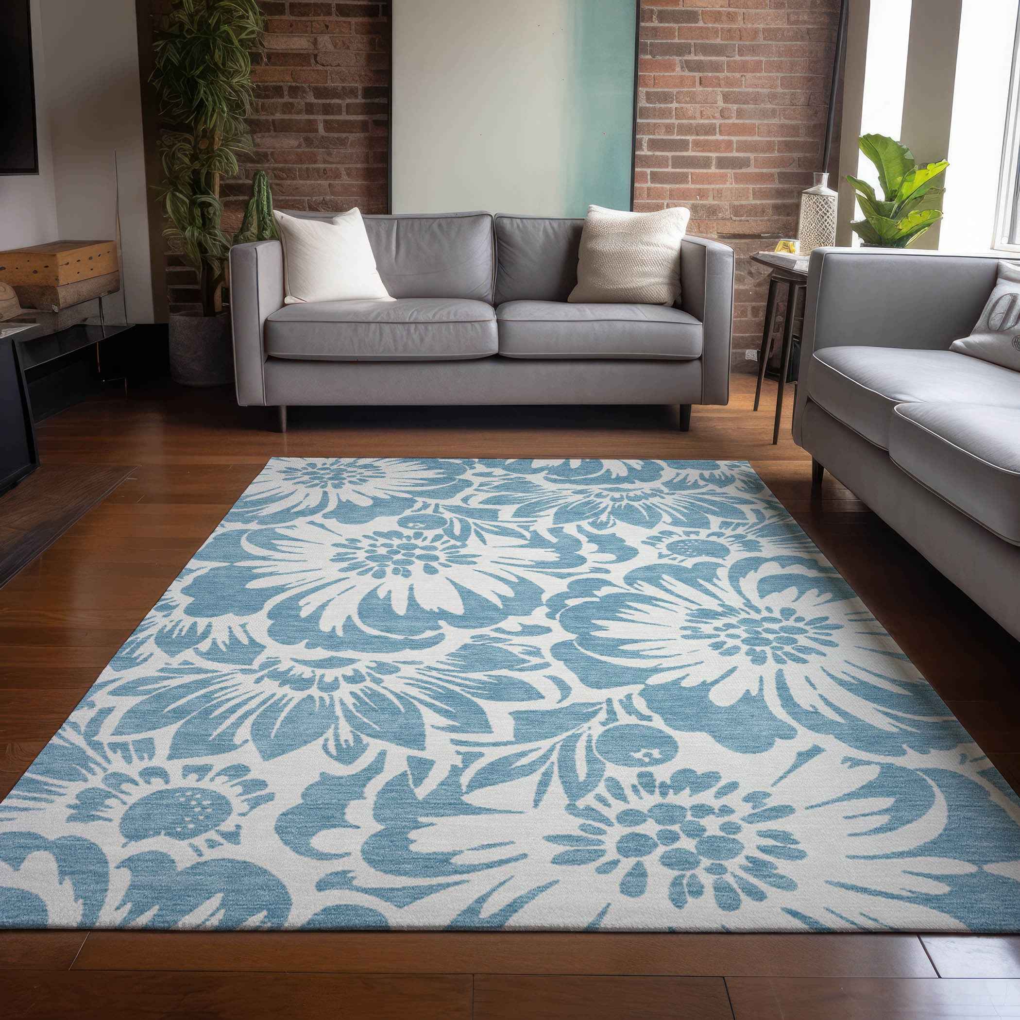 9' X 12' Denim and Ivory Floral Washable Non Skid Indoor Outdoor Area Rug