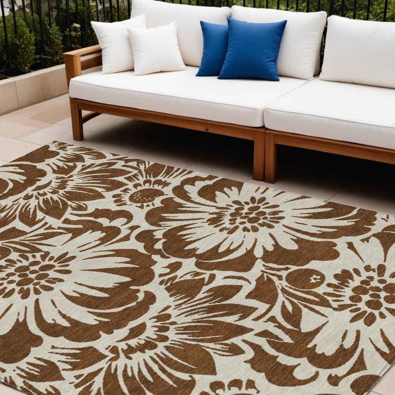 9' X 12' Brown And Ivory Floral Washable Indoor Outdoor Area Rug