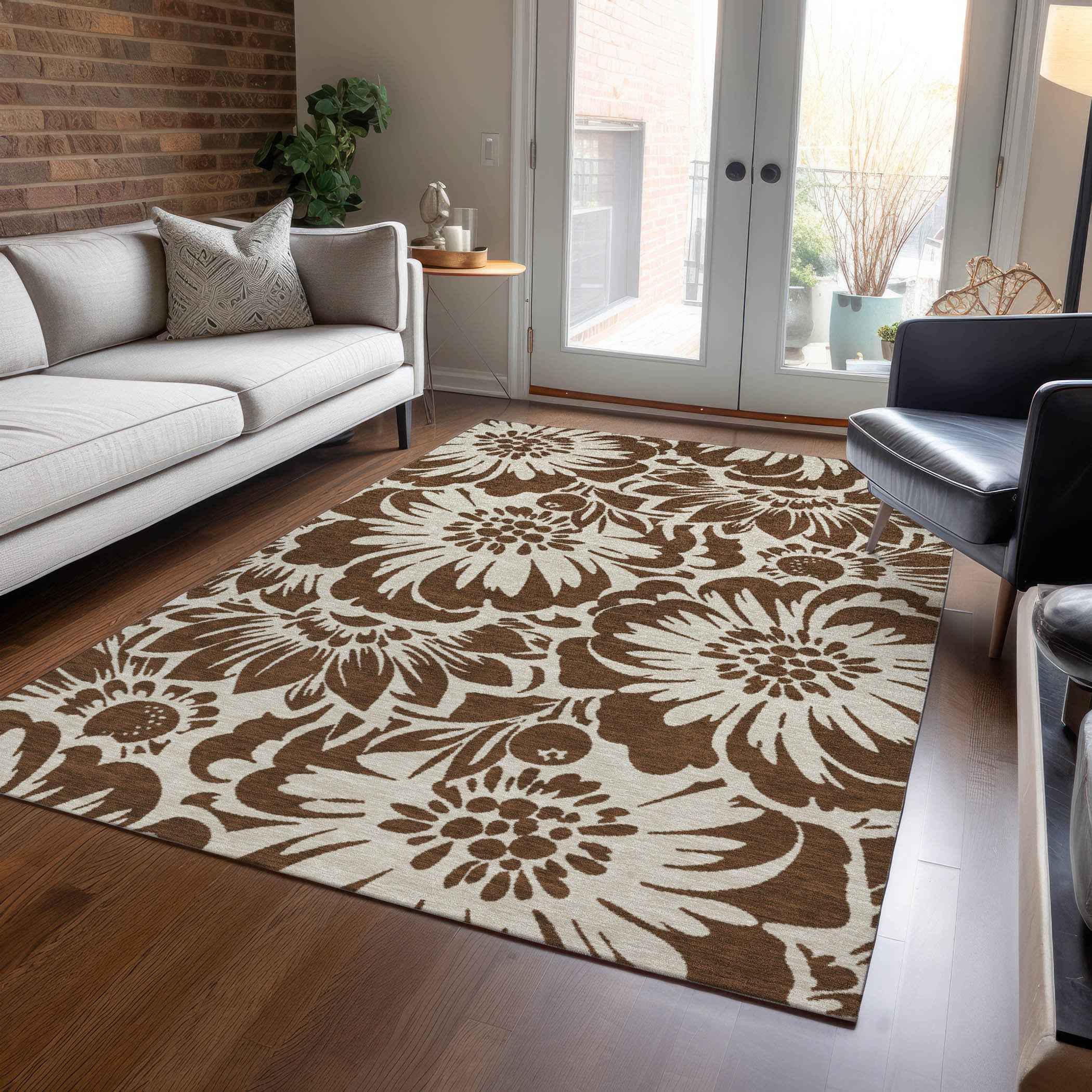 9' X 12' Brown And Ivory Floral Washable Indoor Outdoor Area Rug
