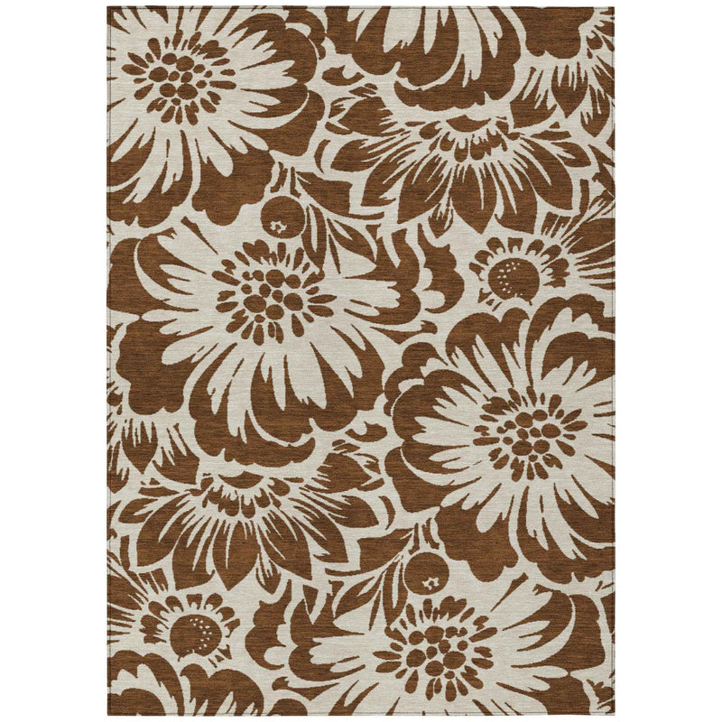 9' X 12' Brown And Ivory Floral Washable Indoor Outdoor Area Rug