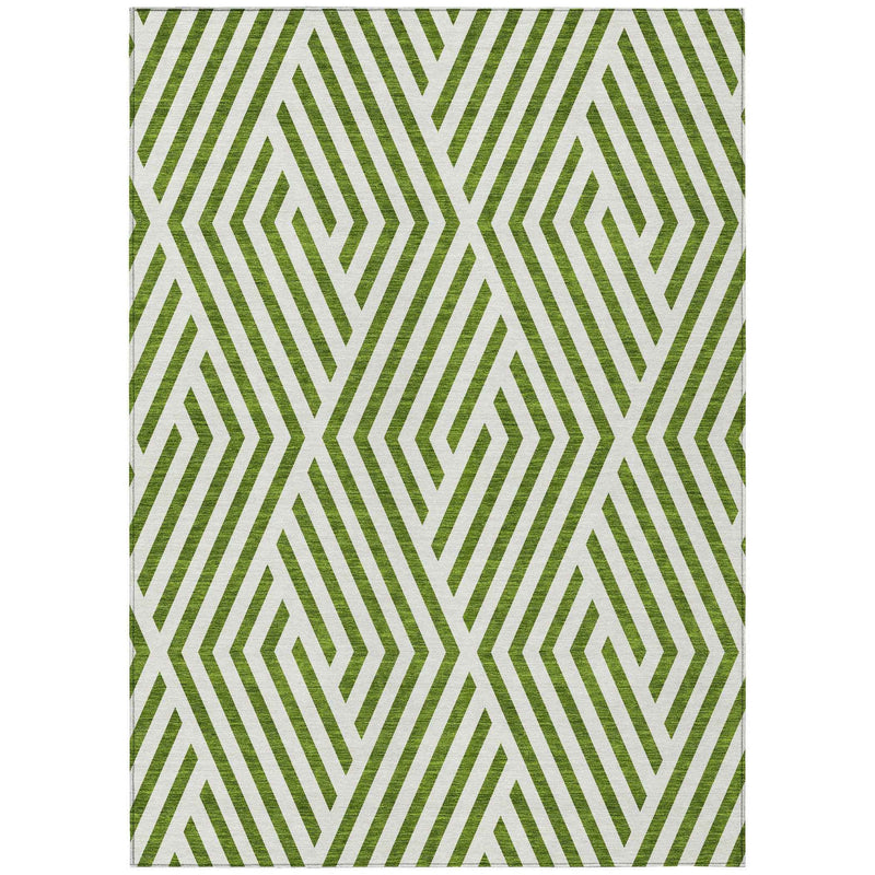 5' X 8' Lime Green and White Geometric Washable Non Skid Indoor Outdoor Area Rug