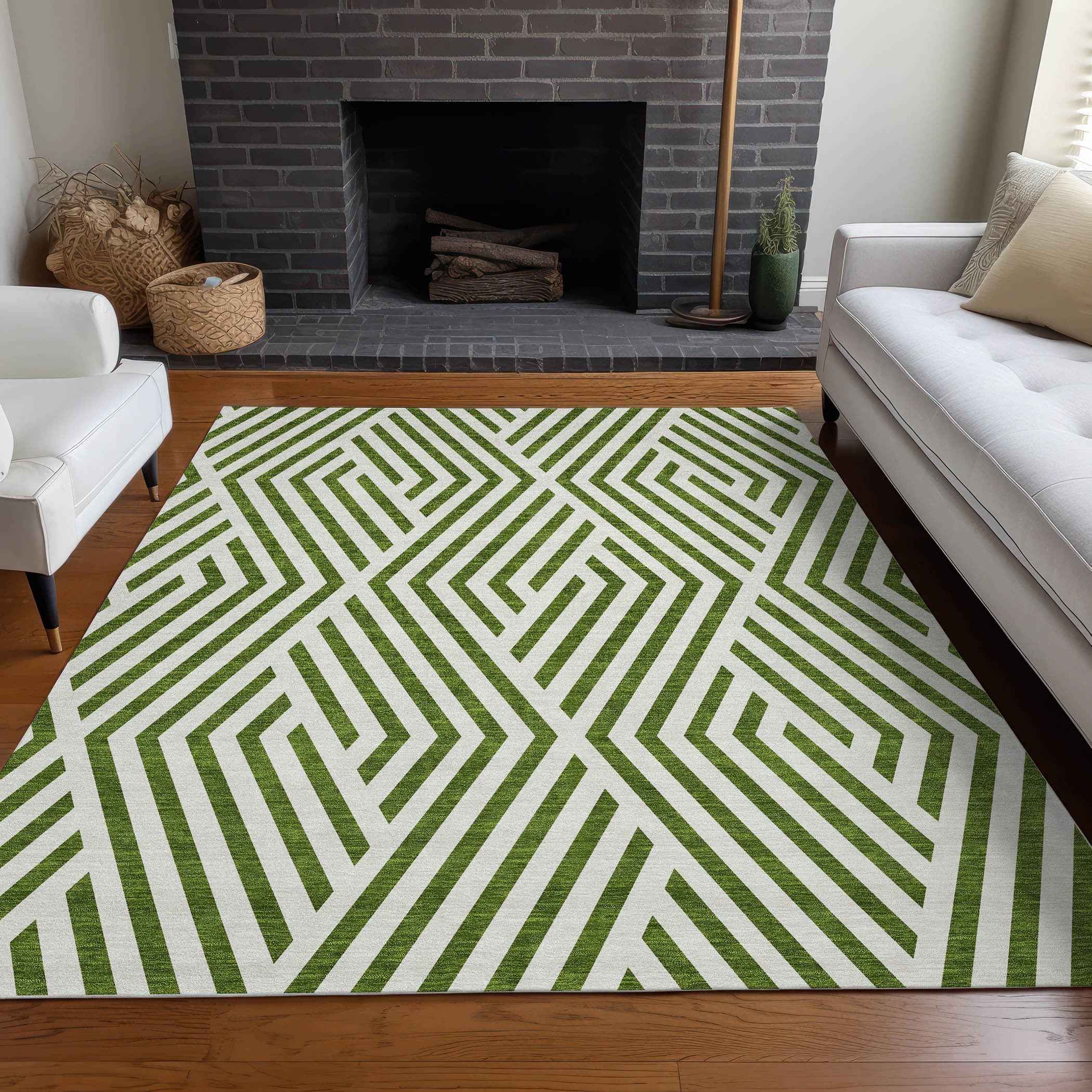 5' X 8' Lime Green and White Geometric Washable Non Skid Indoor Outdoor Area Rug