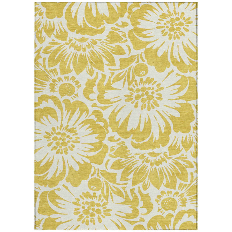 9' X 12' Gold and White Floral Washable Non Skid Indoor Outdoor Area Rug