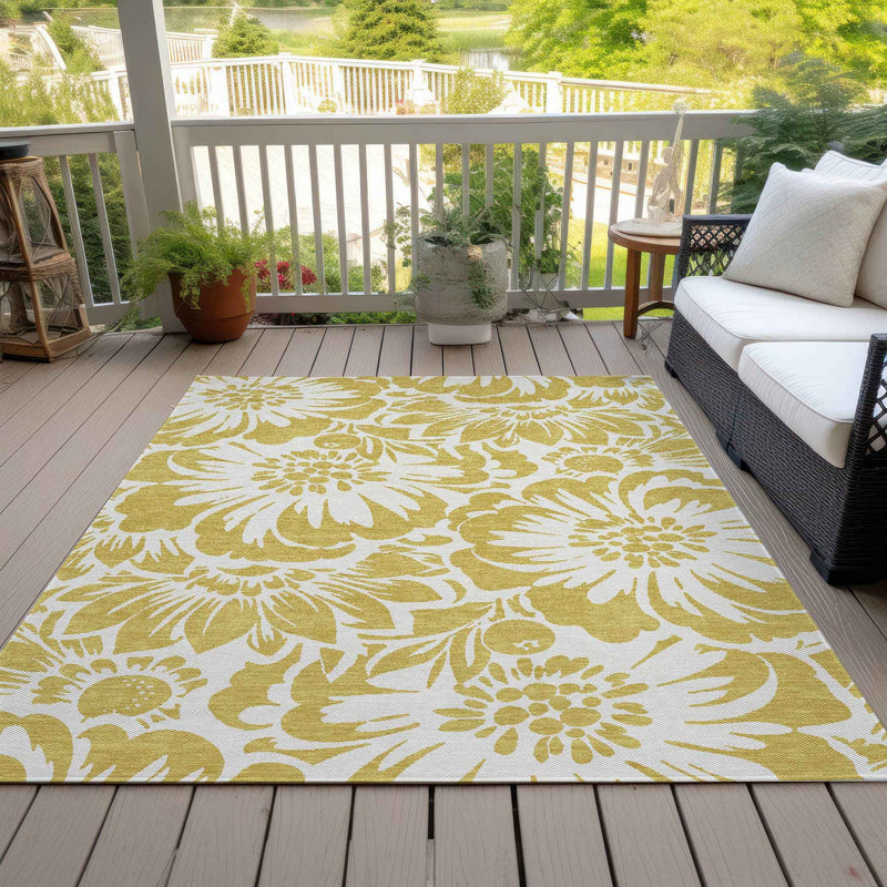 9' X 12' Gold and White Floral Washable Non Skid Indoor Outdoor Area Rug