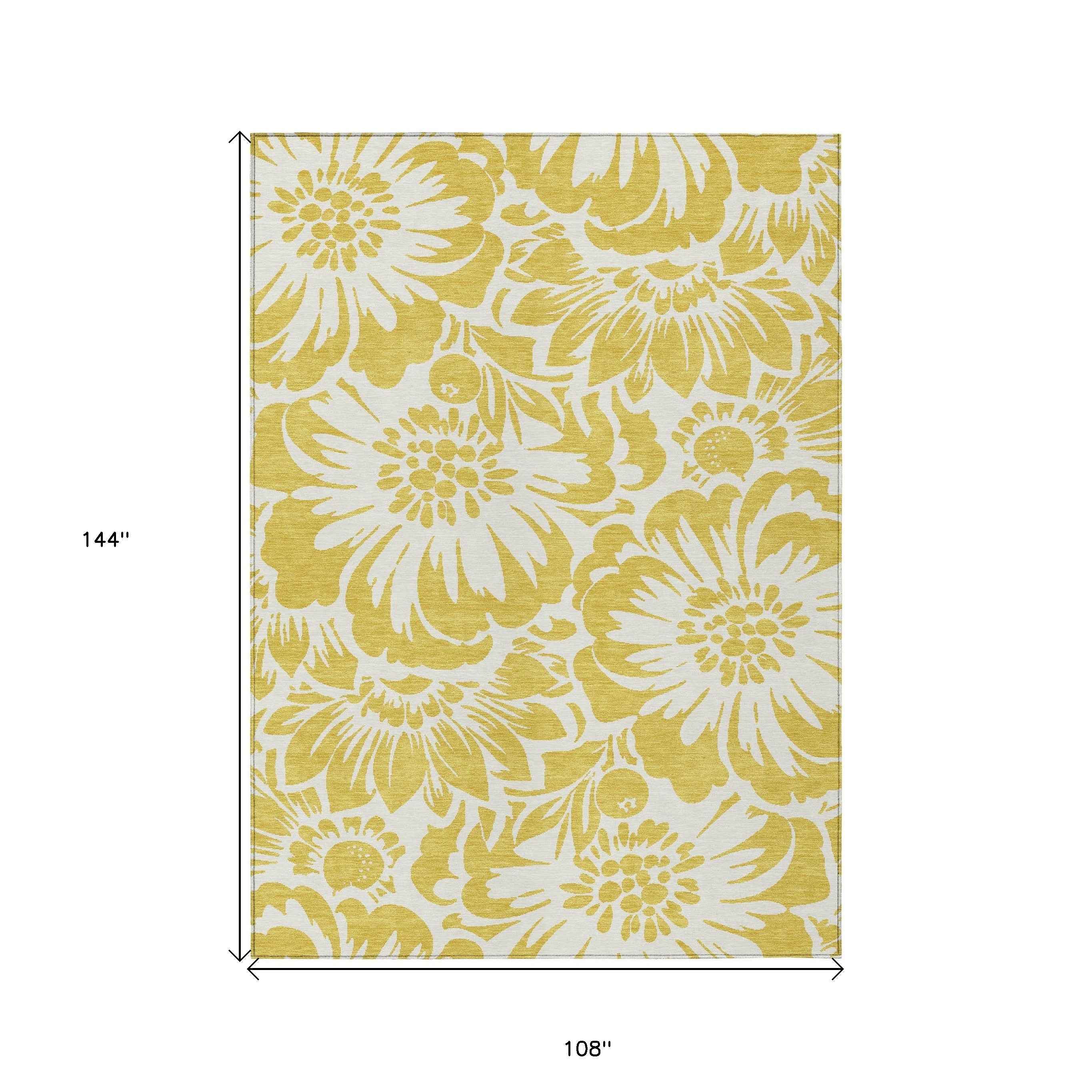 9' X 12' Gold and White Floral Washable Non Skid Indoor Outdoor Area Rug