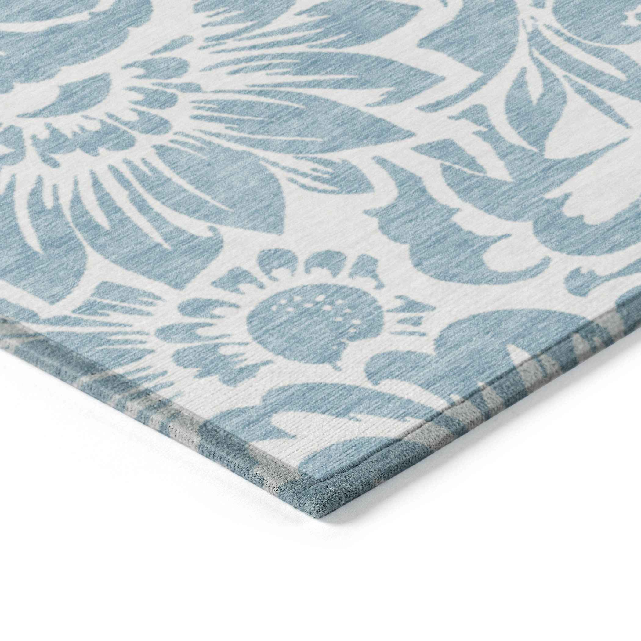 5' X 8' Denim and Ivory Floral Washable Non Skid Indoor Outdoor Area Rug