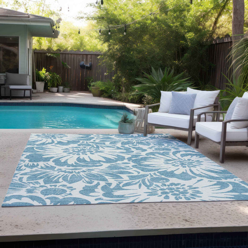 5' X 8' Denim and Ivory Floral Washable Non Skid Indoor Outdoor Area Rug