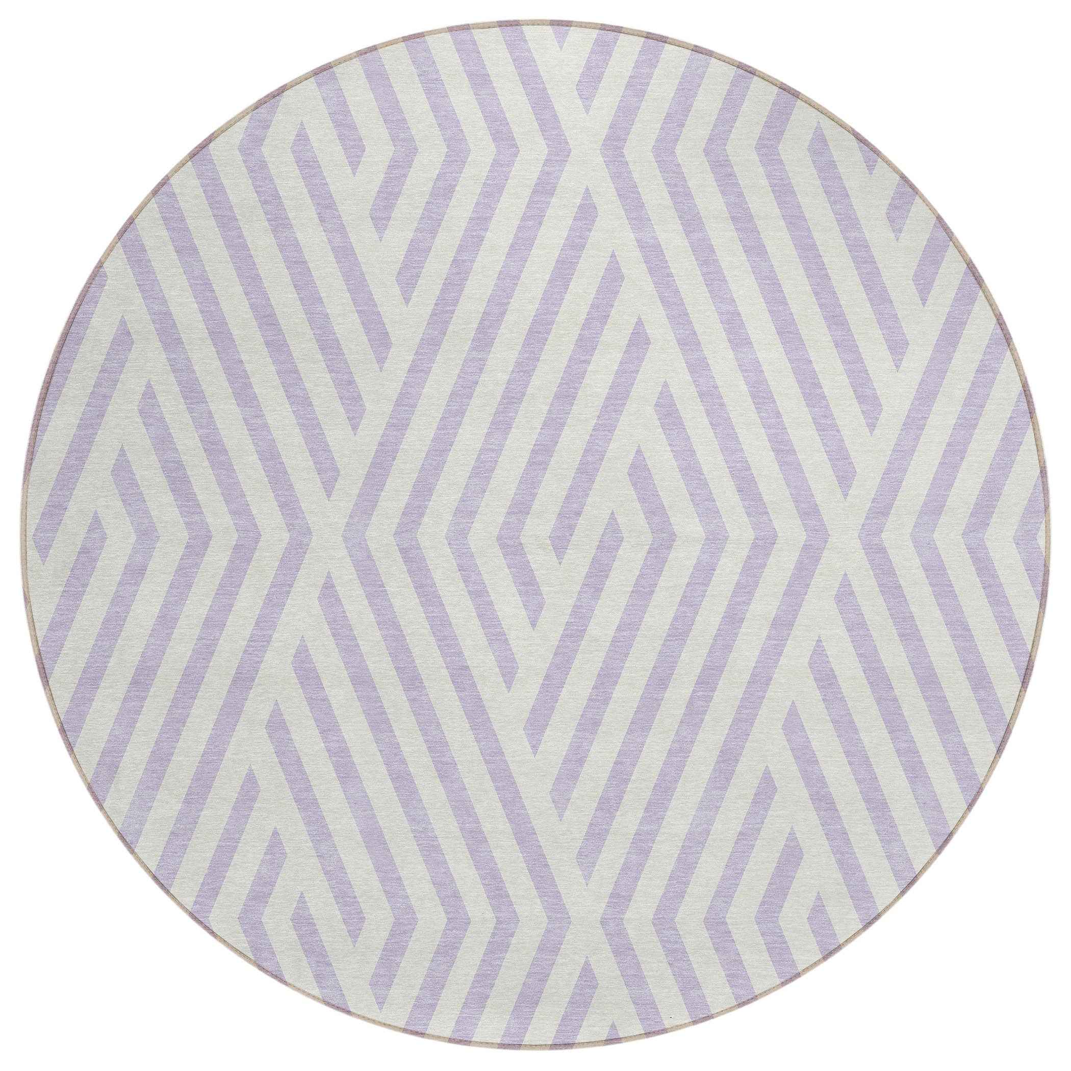 8' Round Lavender and Ivory Round Geometric Washable Non Skid Indoor Outdoor Area Rug