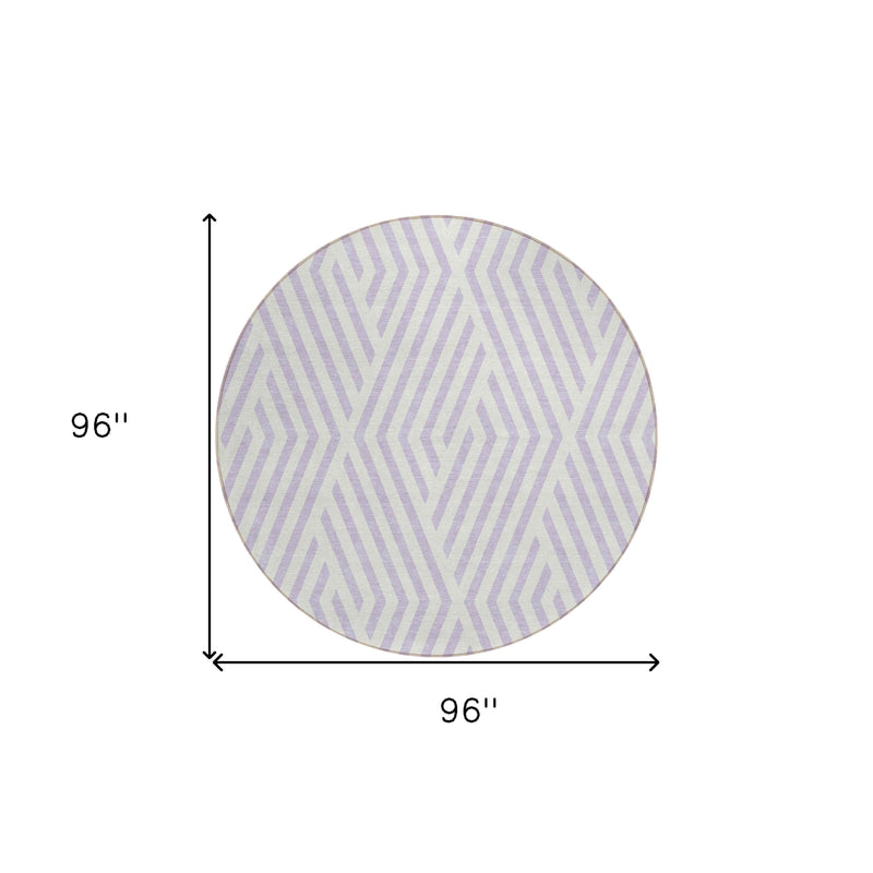 8' Round Lavender and Ivory Round Geometric Washable Non Skid Indoor Outdoor Area Rug