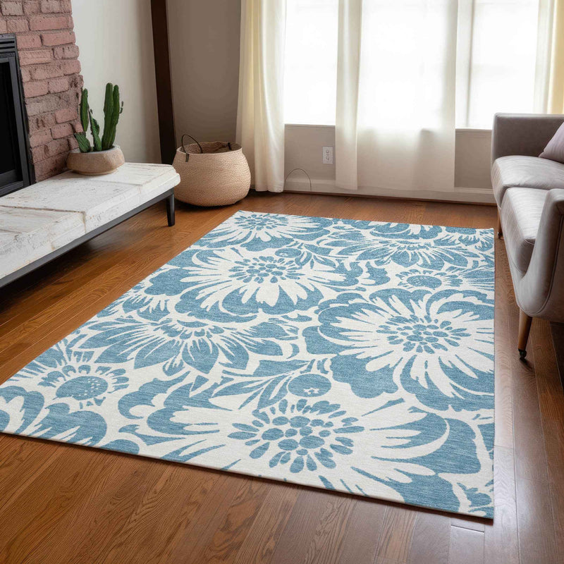 5' X 8' Denim and Ivory Floral Washable Non Skid Indoor Outdoor Area Rug