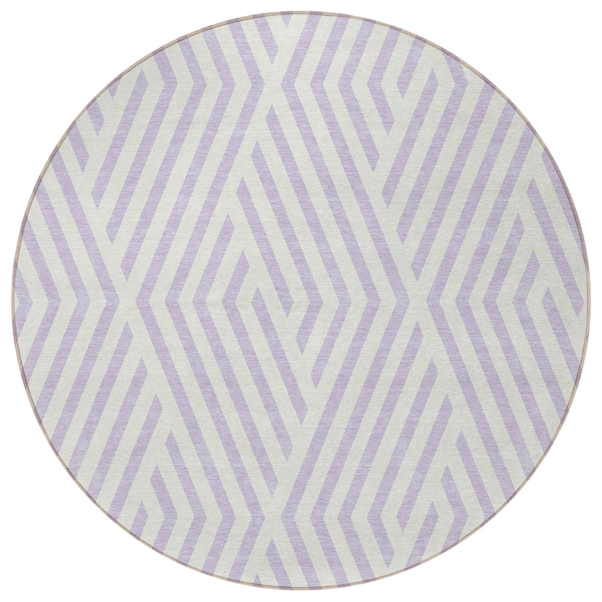 8' Round Lavender and Ivory Round Geometric Washable Non Skid Indoor Outdoor Area Rug