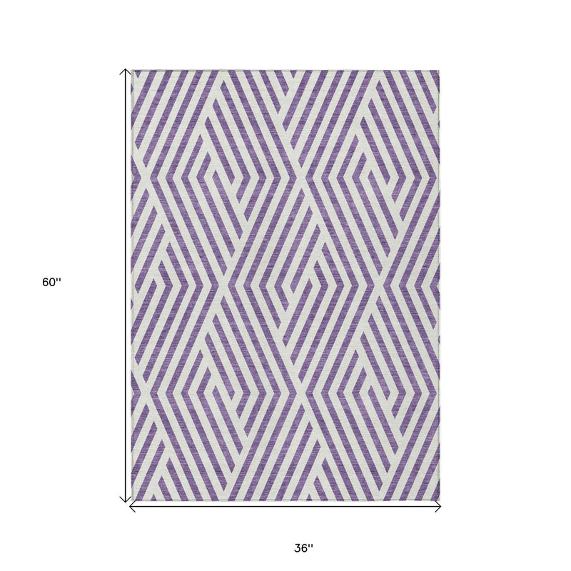 3' X 5' Purple and White Geometric Washable Non Skid Indoor Outdoor Area Rug