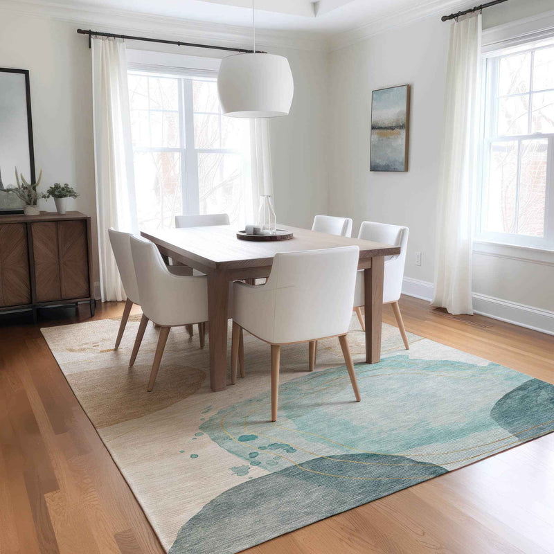 3' X 5' Beige and Blue Abstract Washable Non Skid Indoor Outdoor Area Rug