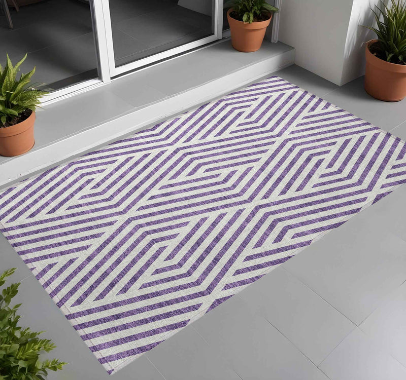 3' X 5' Purple and White Geometric Washable Non Skid Indoor Outdoor Area Rug