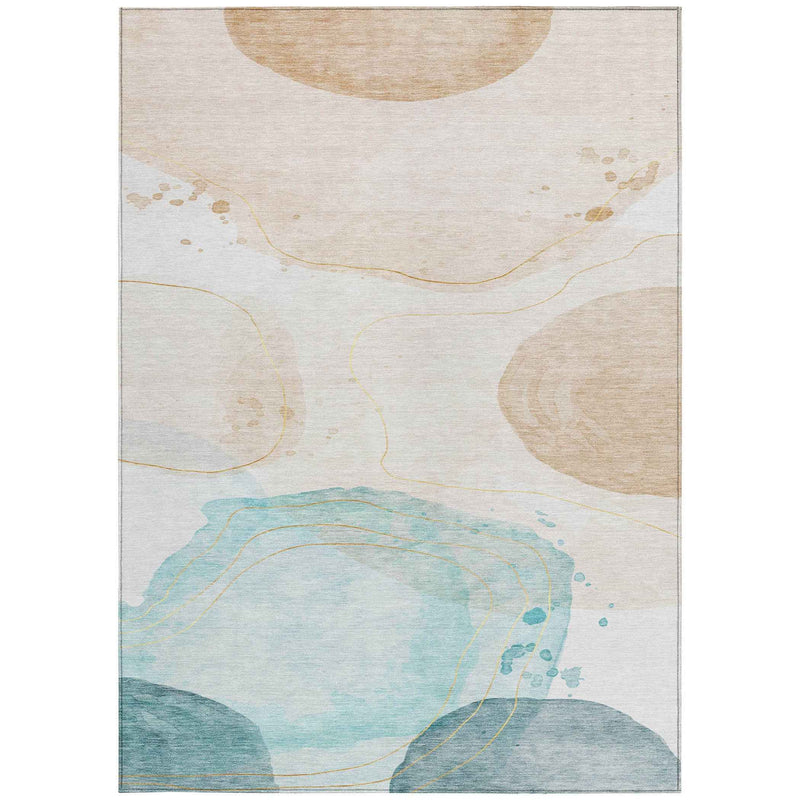 3' X 5' Beige and Blue Abstract Washable Non Skid Indoor Outdoor Area Rug
