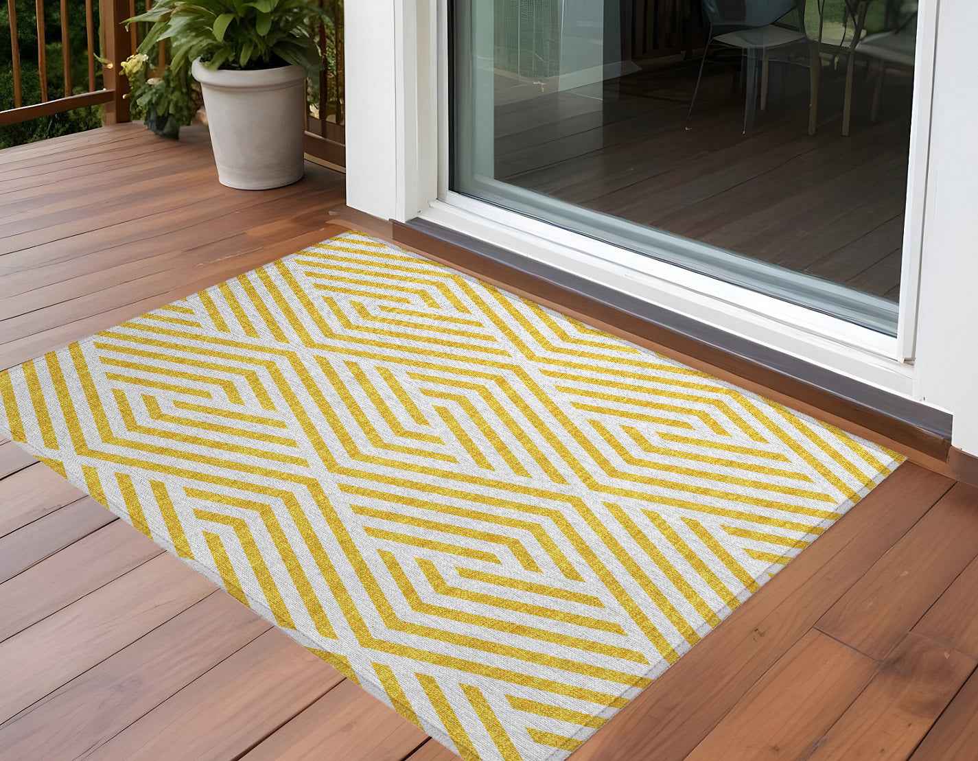 3' X 5' Gold and White Geometric Washable Non Skid Indoor Outdoor Area Rug