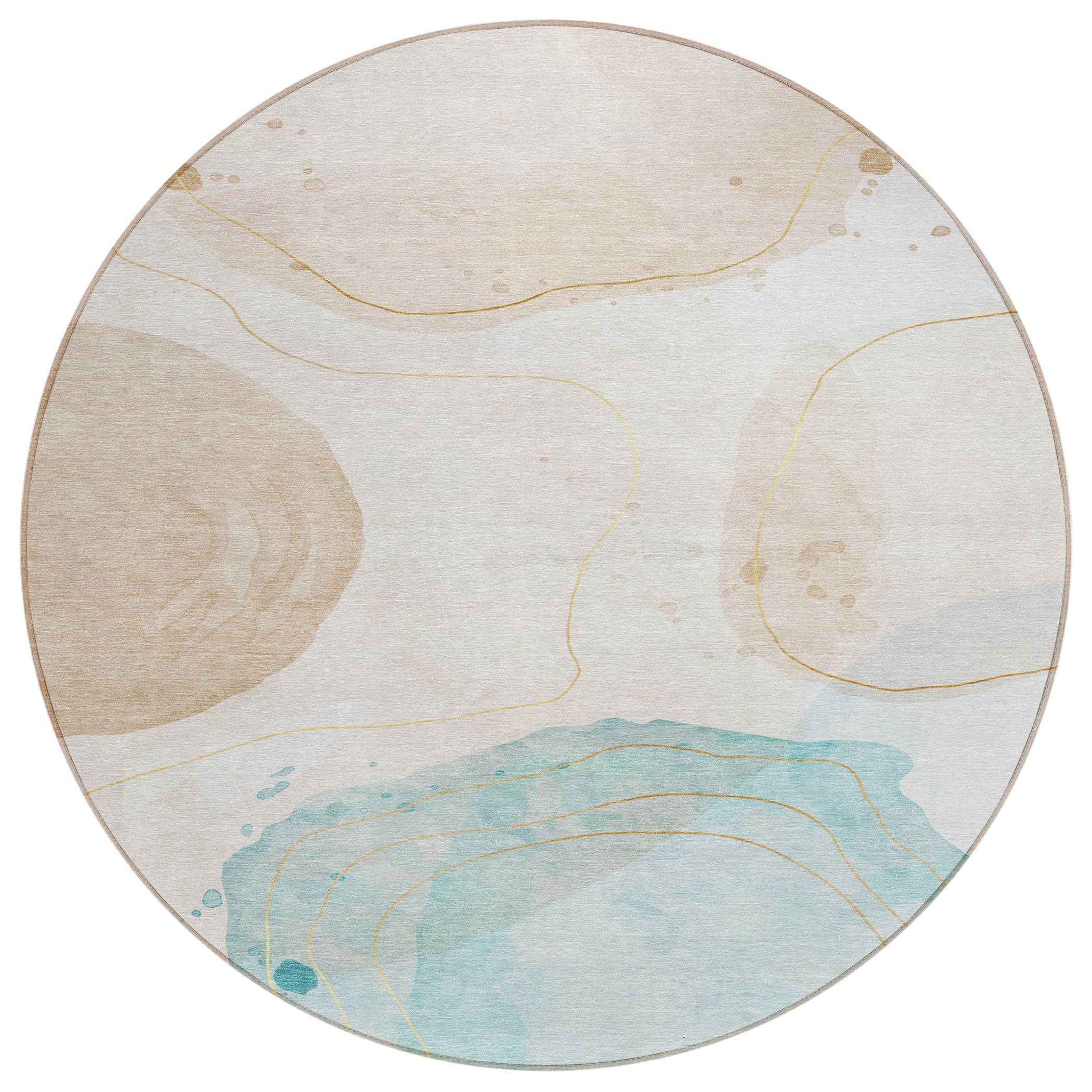 8' Round Beige and Blue Round Abstract Washable Non Skid Indoor Outdoor Area Rug
