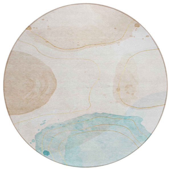 8' Round Beige and Blue Round Abstract Washable Non Skid Indoor Outdoor Area Rug