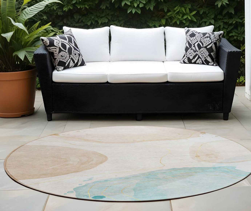 8' Round Beige and Blue Round Abstract Washable Non Skid Indoor Outdoor Area Rug