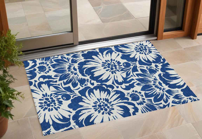 3' X 5' Navy and Ivory Floral Washable Non Skid Indoor Outdoor Area Rug