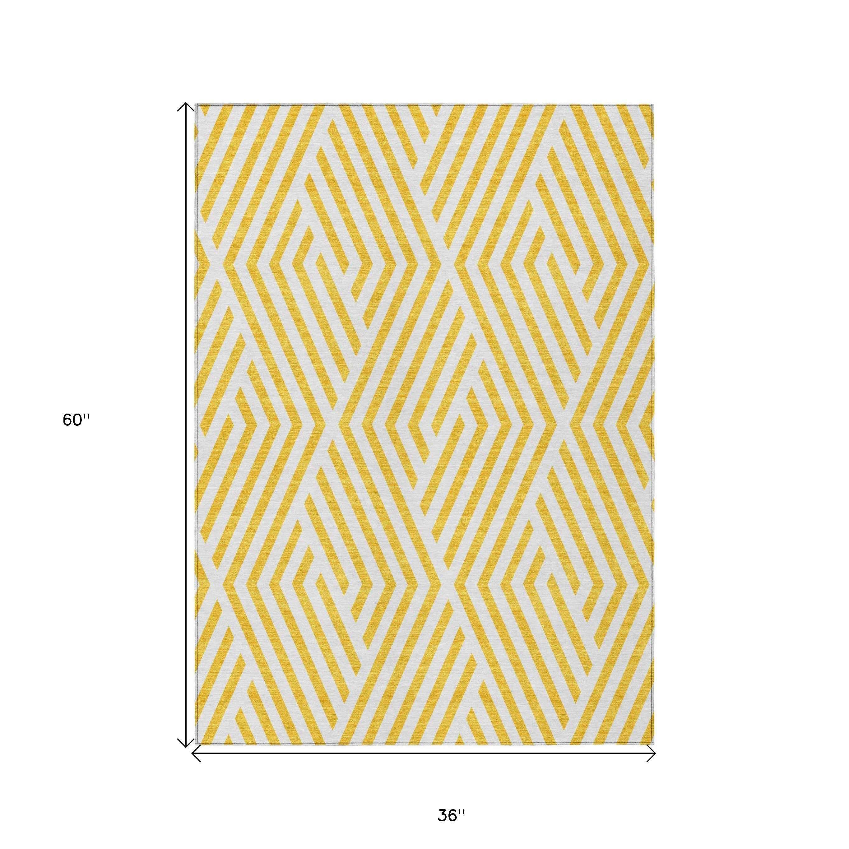 3' X 5' Gold and White Geometric Washable Non Skid Indoor Outdoor Area Rug
