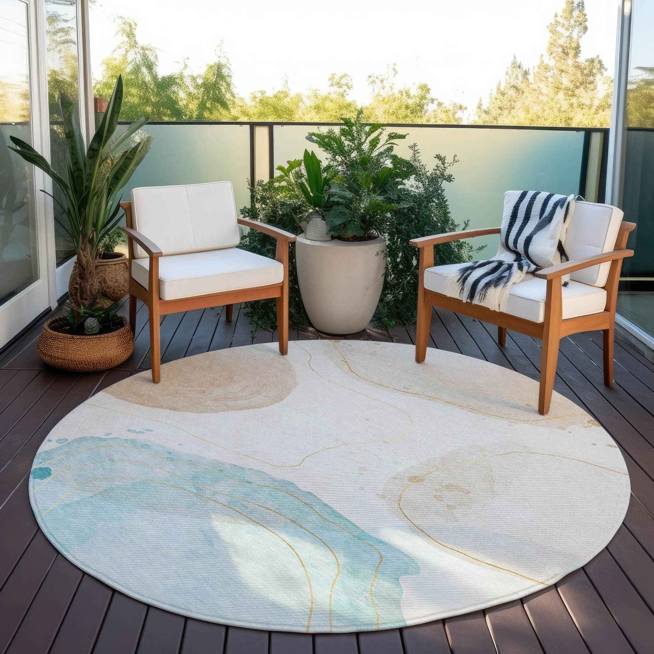 8' Round Beige and Blue Round Abstract Washable Non Skid Indoor Outdoor Area Rug