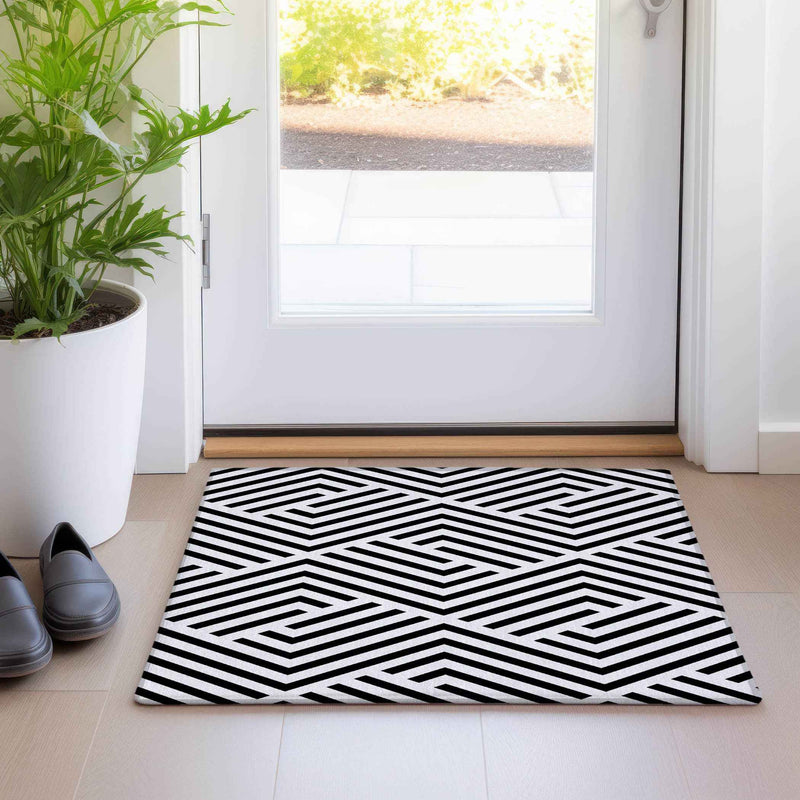 2' X 3' Black and White Geometric Washable Non Skid Indoor Outdoor Area Rug