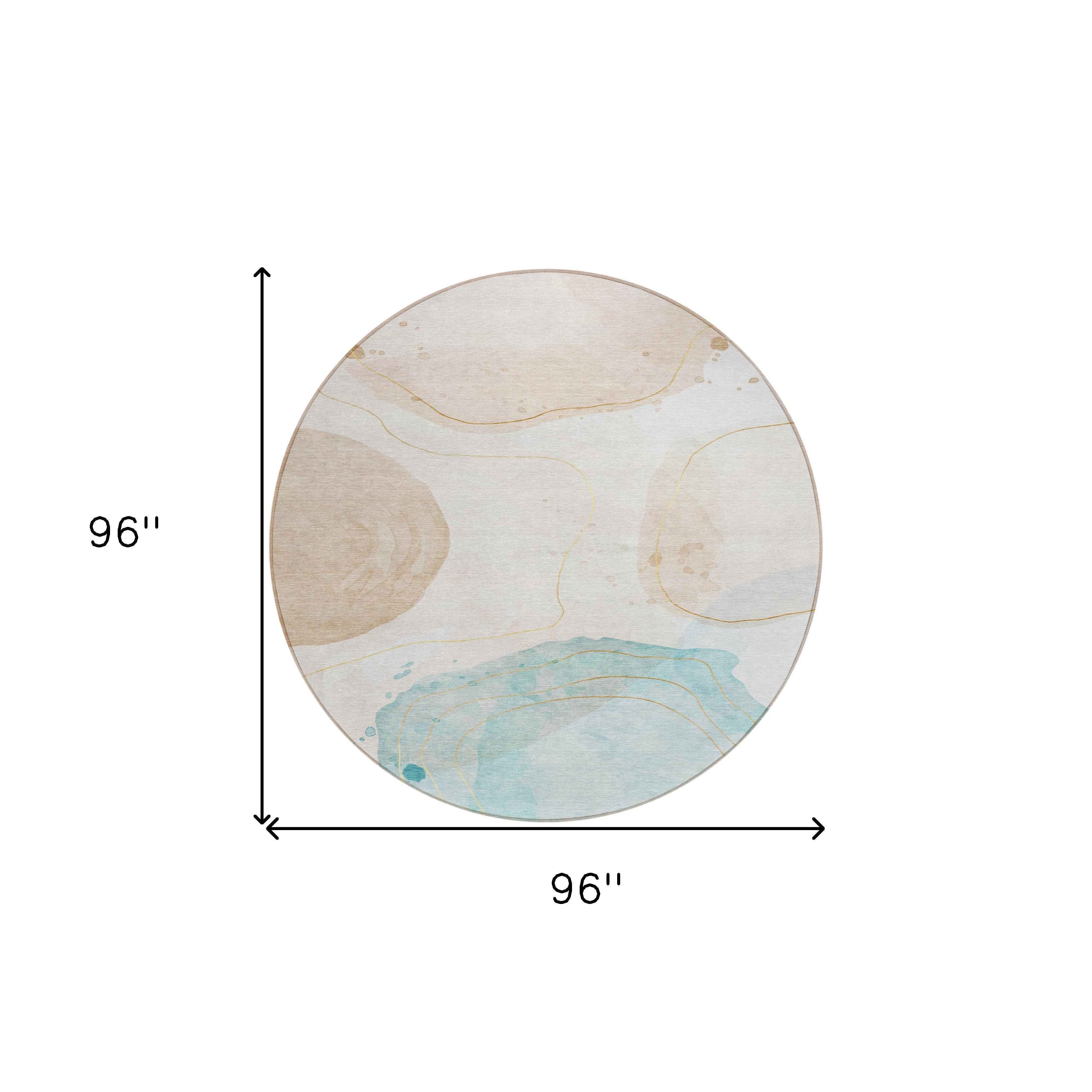 8' Round Beige and Blue Round Abstract Washable Non Skid Indoor Outdoor Area Rug