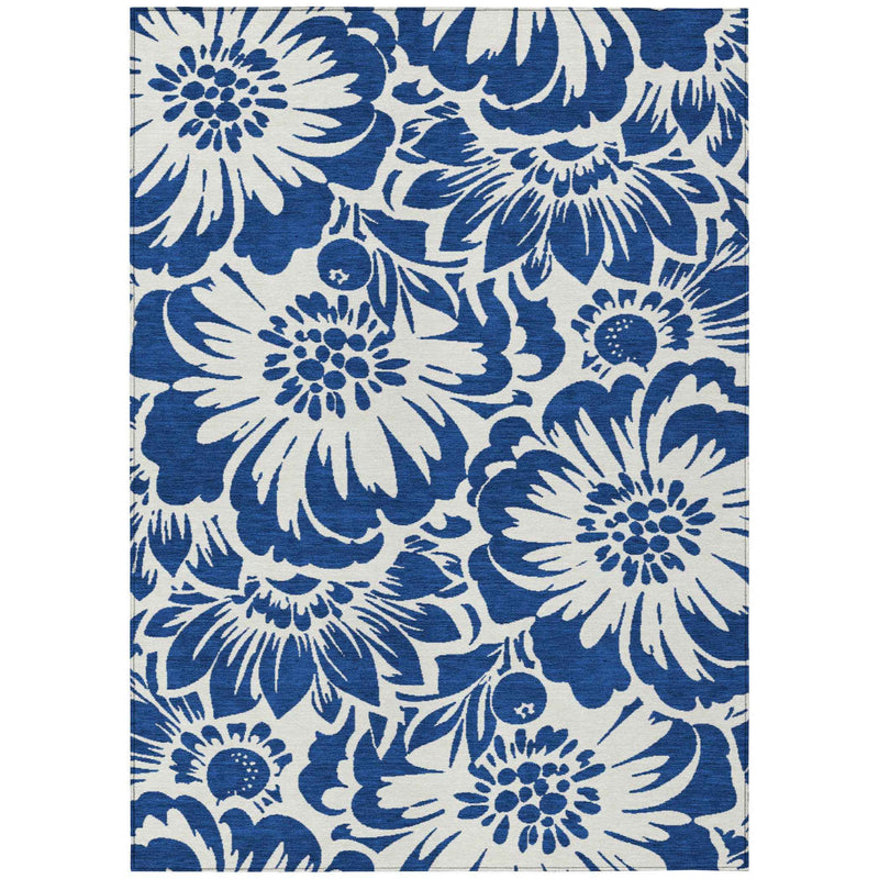 3' X 5' Navy and Ivory Floral Washable Non Skid Indoor Outdoor Area Rug