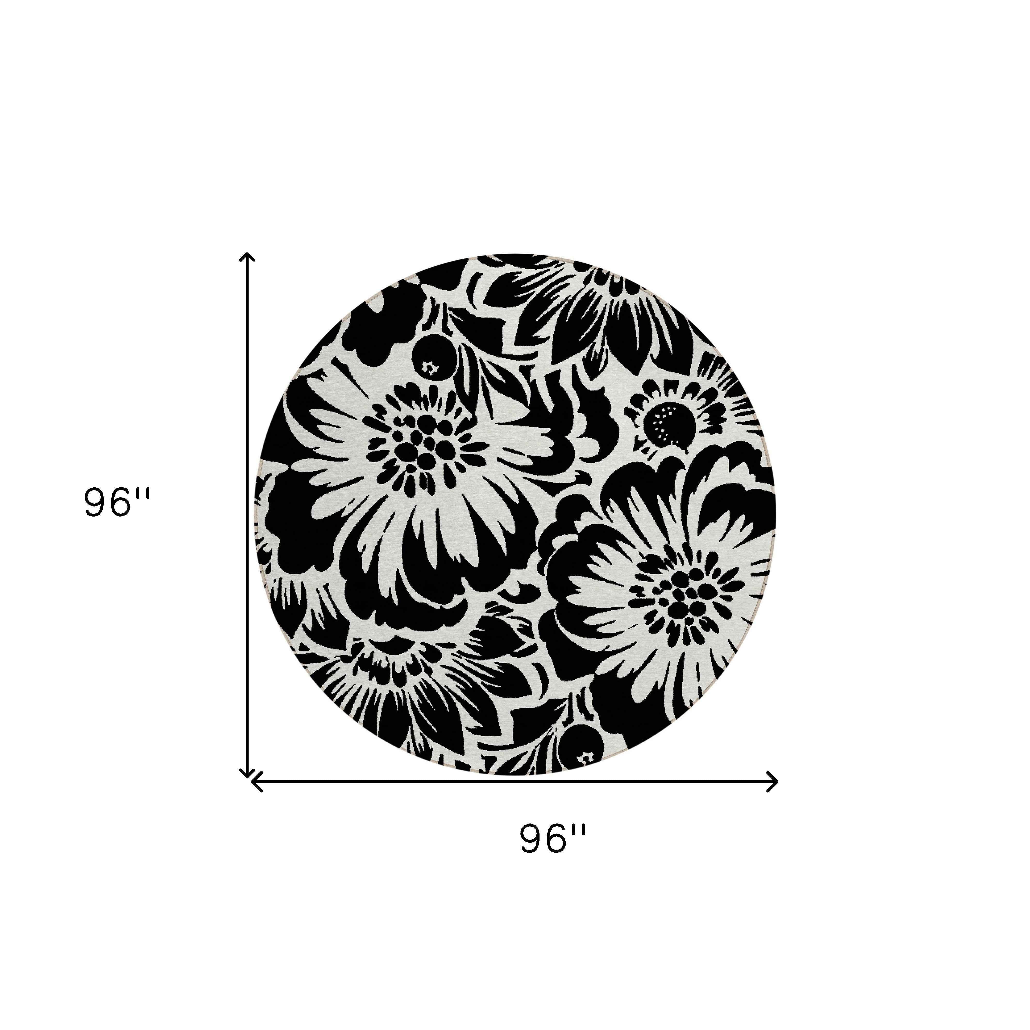 8' Round Black and Ivory Round Floral Washable Non Skid Indoor Outdoor Area Rug