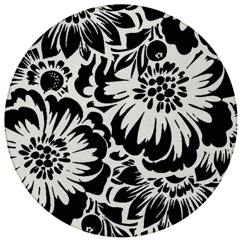 8' Round Black and Ivory Round Floral Washable Non Skid Indoor Outdoor Area Rug