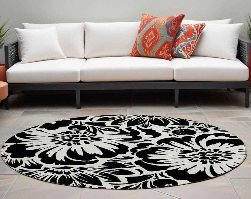 8' Round Black and Ivory Round Floral Washable Non Skid Indoor Outdoor Area Rug