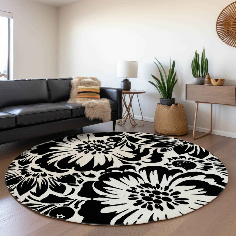 8' Round Black and Ivory Round Floral Washable Non Skid Indoor Outdoor Area Rug