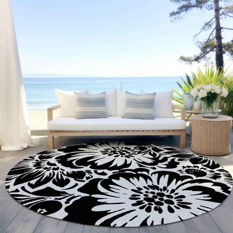 8' Round Black and Ivory Round Floral Washable Non Skid Indoor Outdoor Area Rug