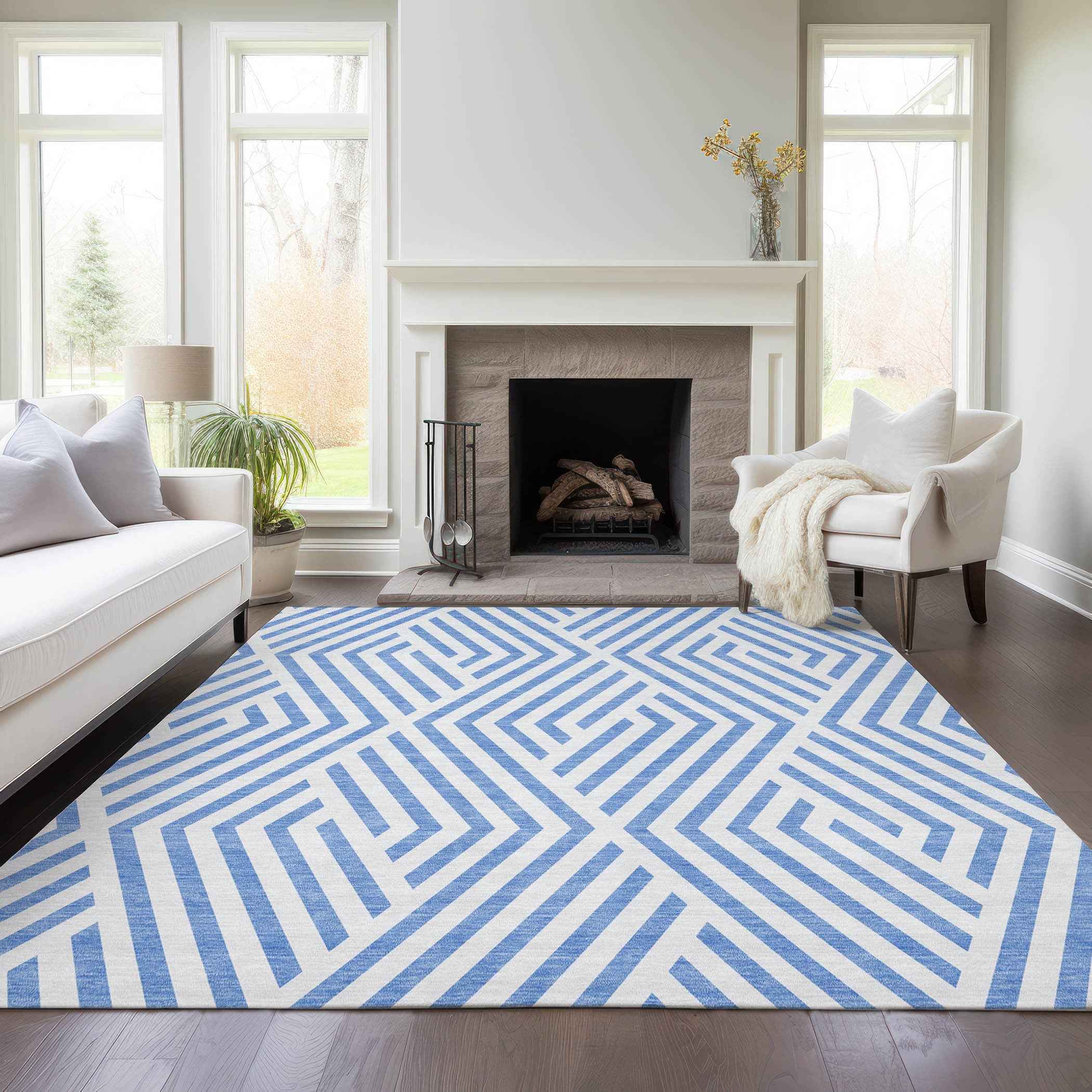 8' X 10' Blue and Ivory Geometric Washable Non Skid Indoor Outdoor Area Rug