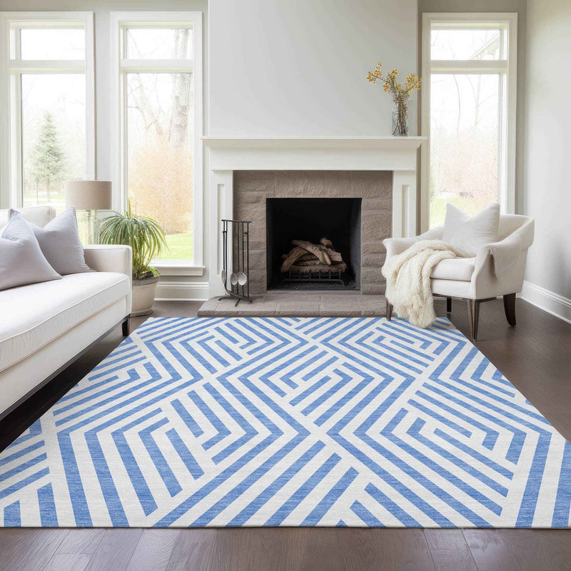 8' X 10' Blue and Ivory Geometric Washable Non Skid Indoor Outdoor Area Rug