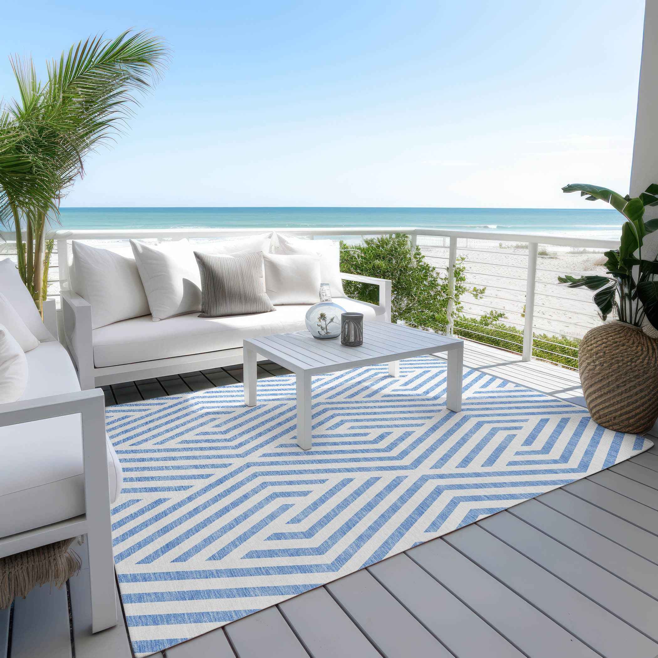 8' X 10' Blue and Ivory Geometric Washable Non Skid Indoor Outdoor Area Rug