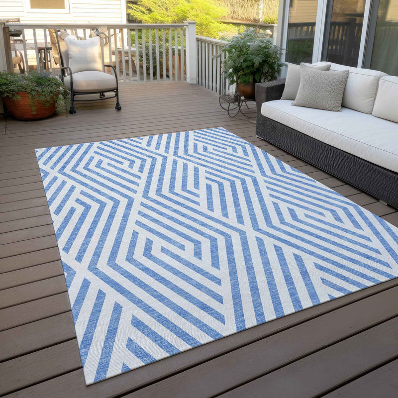 8' X 10' Blue and Ivory Geometric Washable Non Skid Indoor Outdoor Area Rug